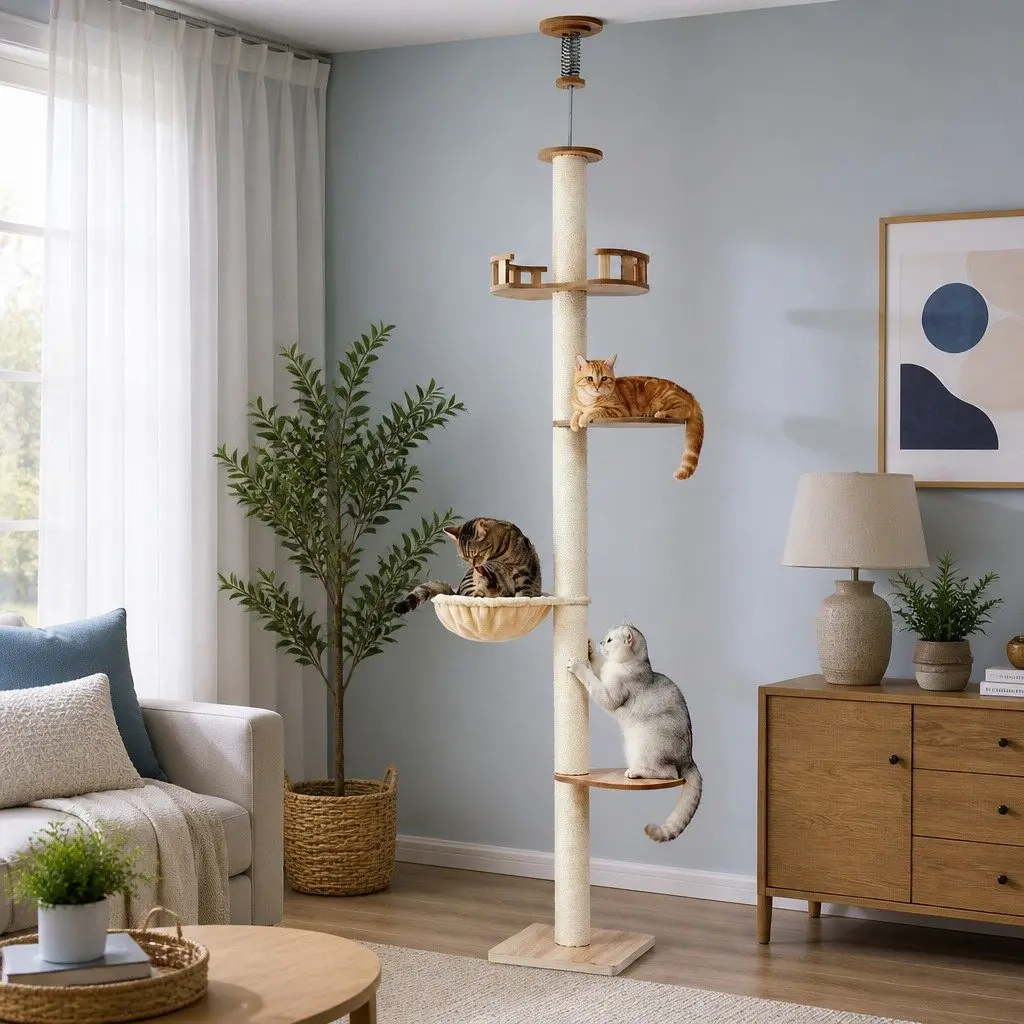 Cat Tree Tower Floor to Ceiling Scratching Post 270cm Multi-Level Platform