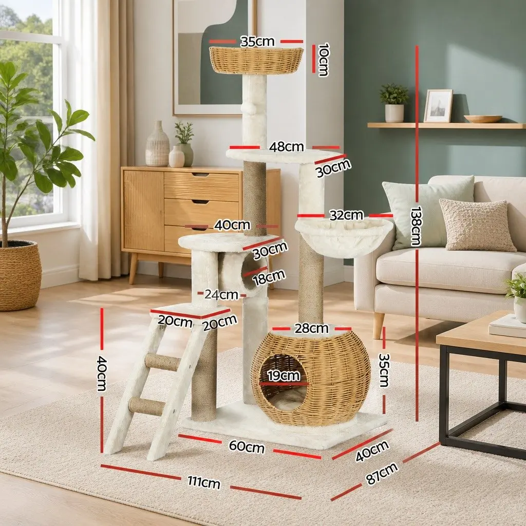 Cat Tree Multi-Level 138cm Scratching Post Climbing House Bed Condo Rattan