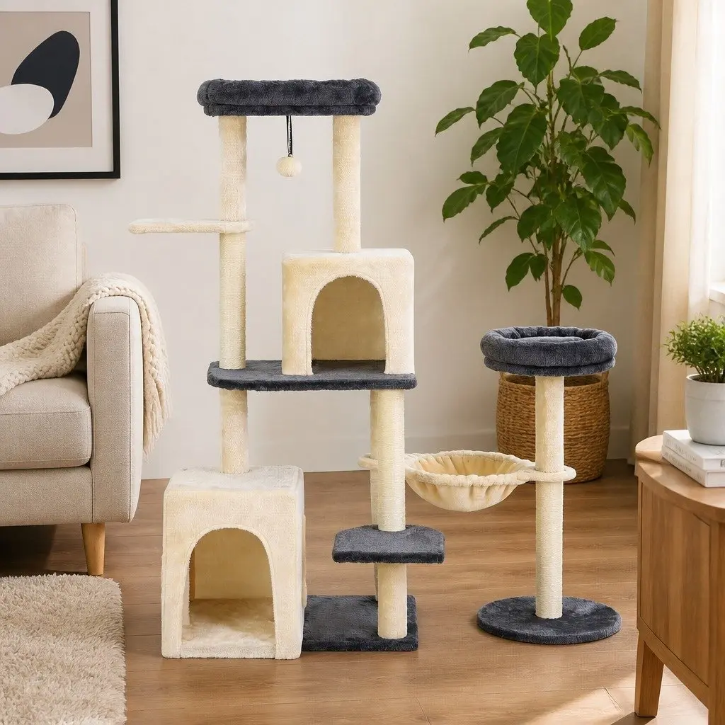 Cat Tree Tower 133cm Rotatable L-Shape Scratching Post Multi-Level Furniture