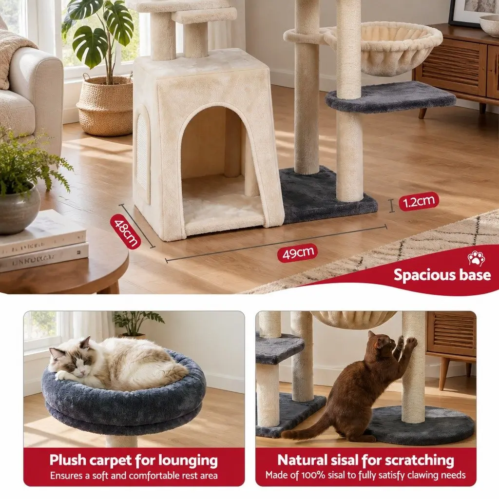 Cat Tree Tower 133cm Rotatable L-Shape Scratching Post Multi-Level Furniture