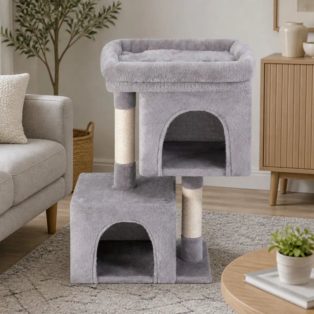 Cat Tree 67cm Tower Scratching Post Condo House Light Grey Multi-Level Climber