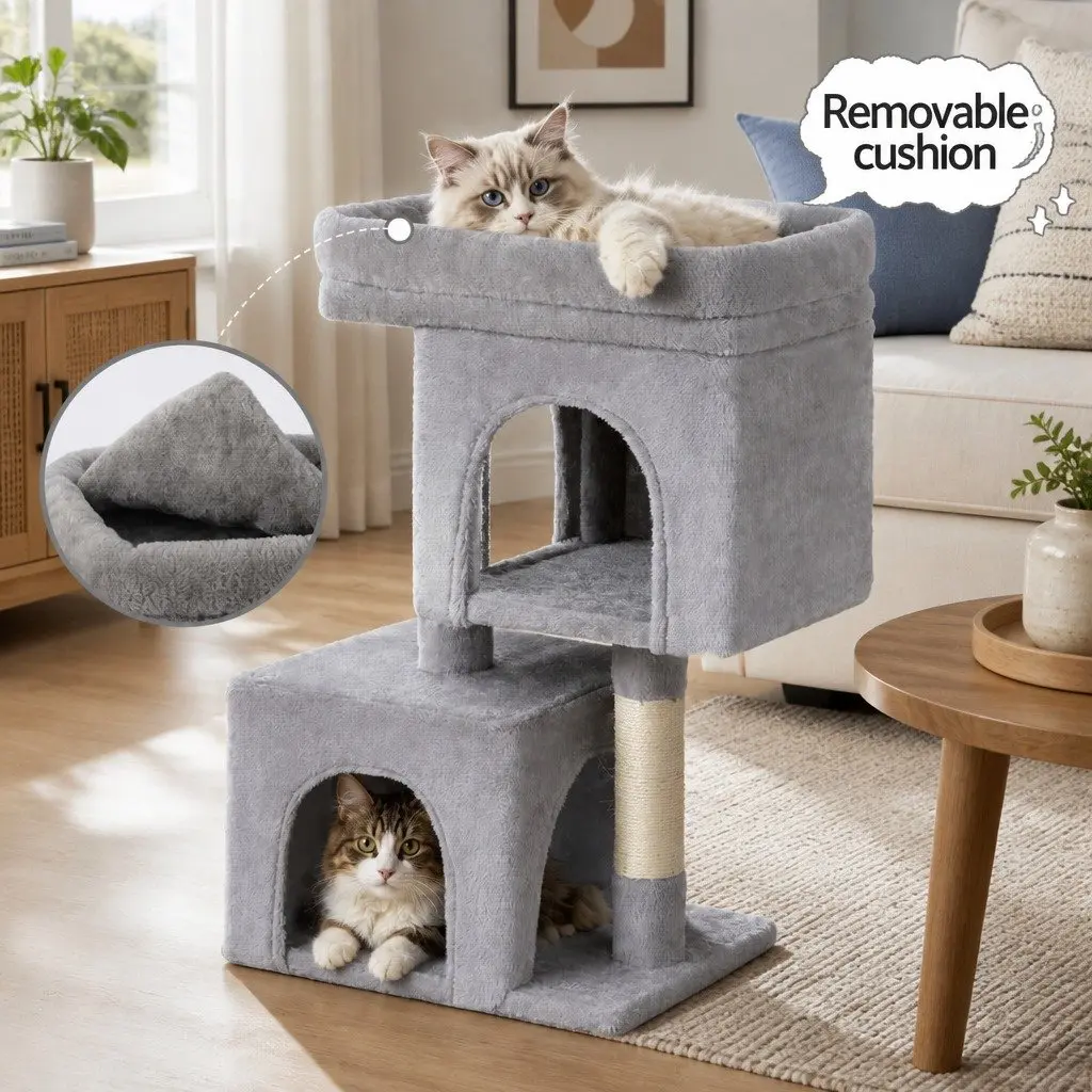 Cat Tree 67cm Tower Scratching Post Condo House Light Grey Multi-Level Climber