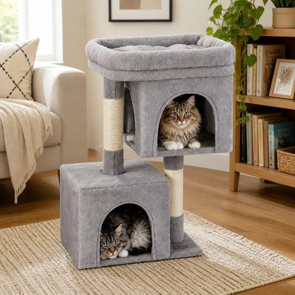 Cat Tree 67cm Tower Scratching Post Condo House Light Grey Multi-Level Climber