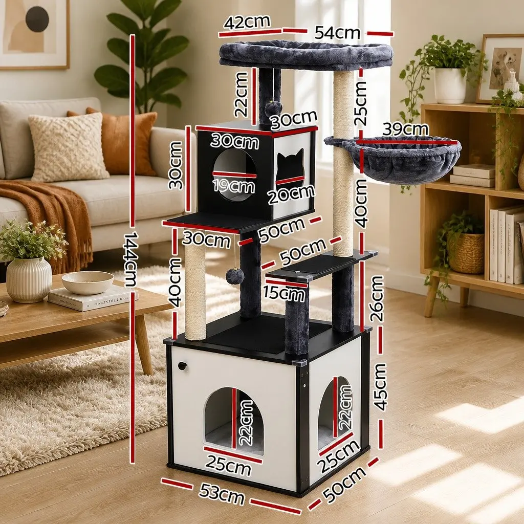 Cat Tree Tower Multi-tiered Wooden 144cm Scratching Post Condo House Bed