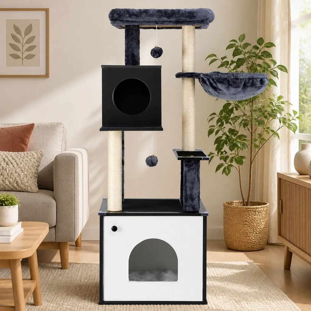 Cat Tree Tower Multi-tiered Wooden 144cm Scratching Post Condo House Bed