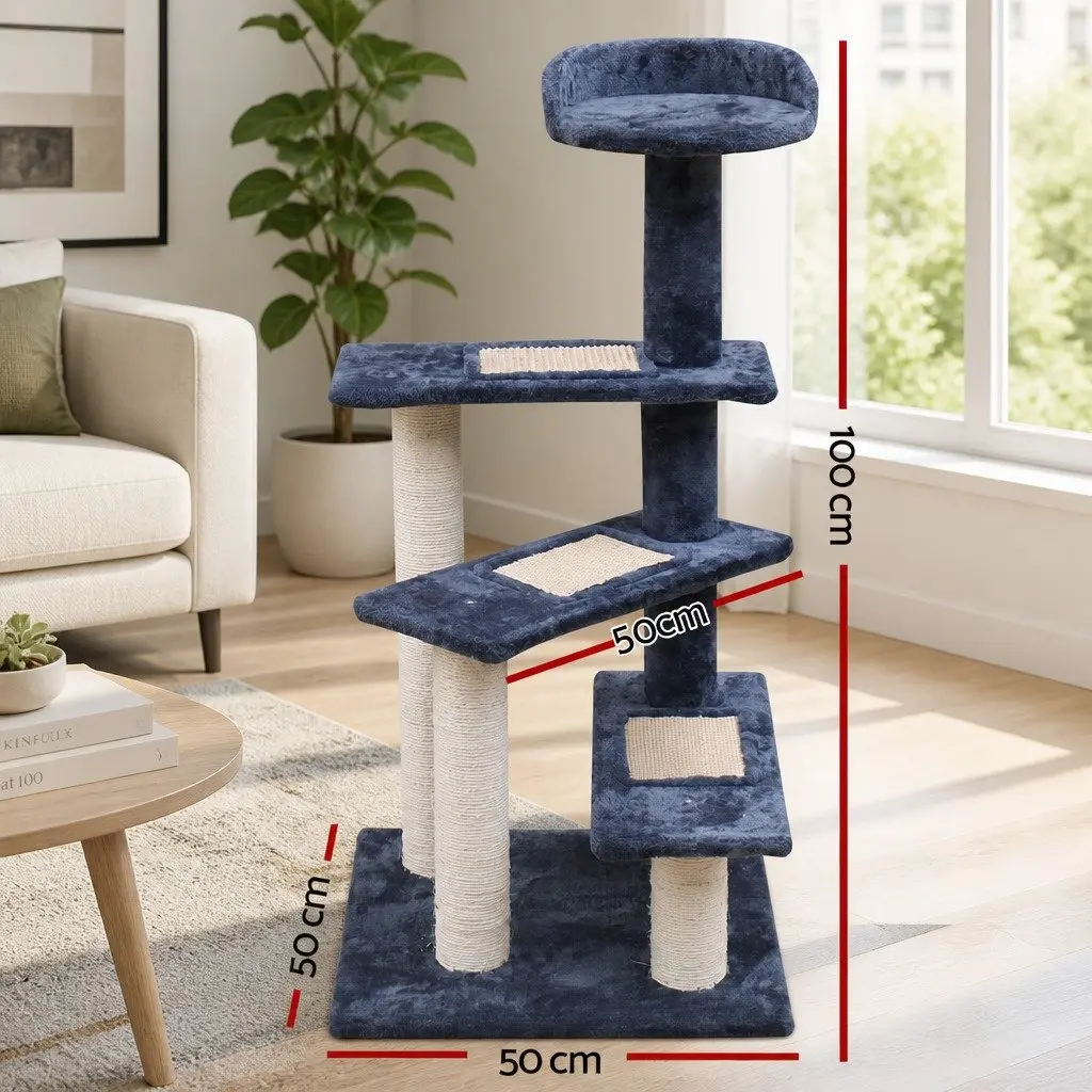 Cat Scratching Post Multi-Level 100cm Tower Condo with Plush Upholstery and Sisal Wrapped Posts