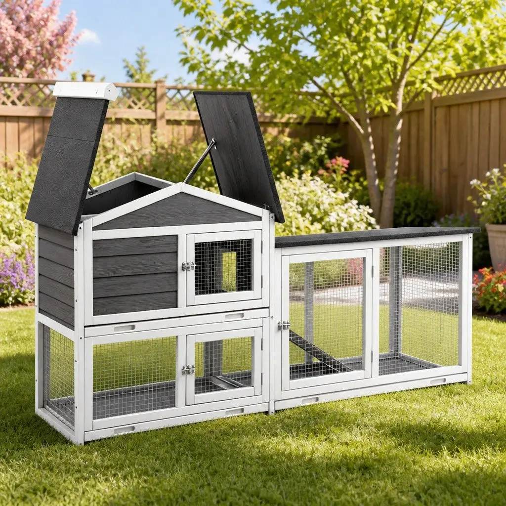 Chicken Coop Rabbit Hutch Wooden Run Cage House Extra Large with Ramp Door