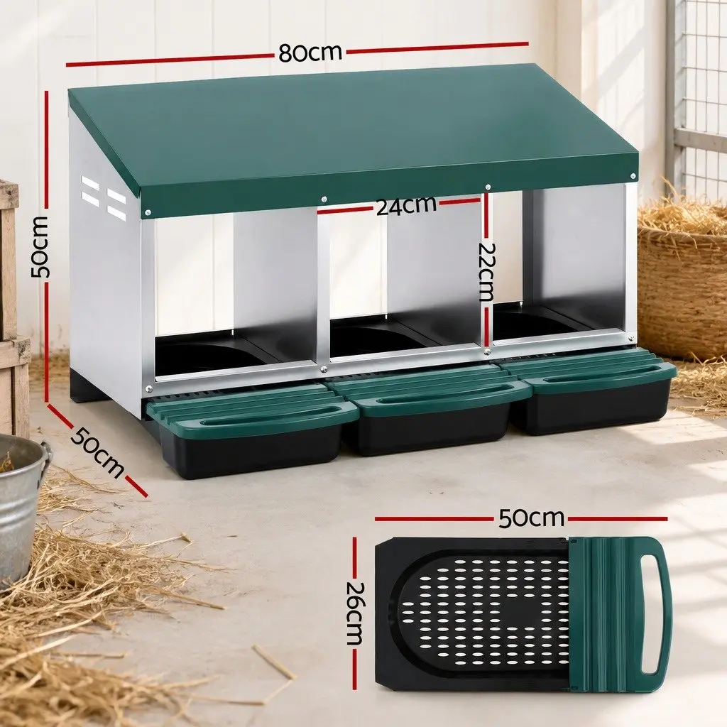 Nesting Box for Chickens Wall Mounted Roll Away 3 Hole Green Galvanized Metal
