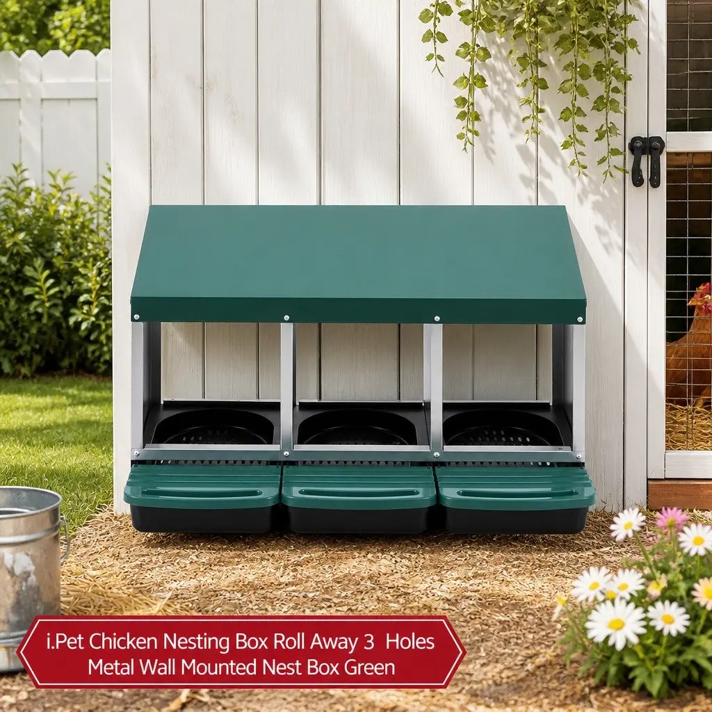 Nesting Box for Chickens Wall Mounted Roll Away 3 Hole Green Galvanized Metal