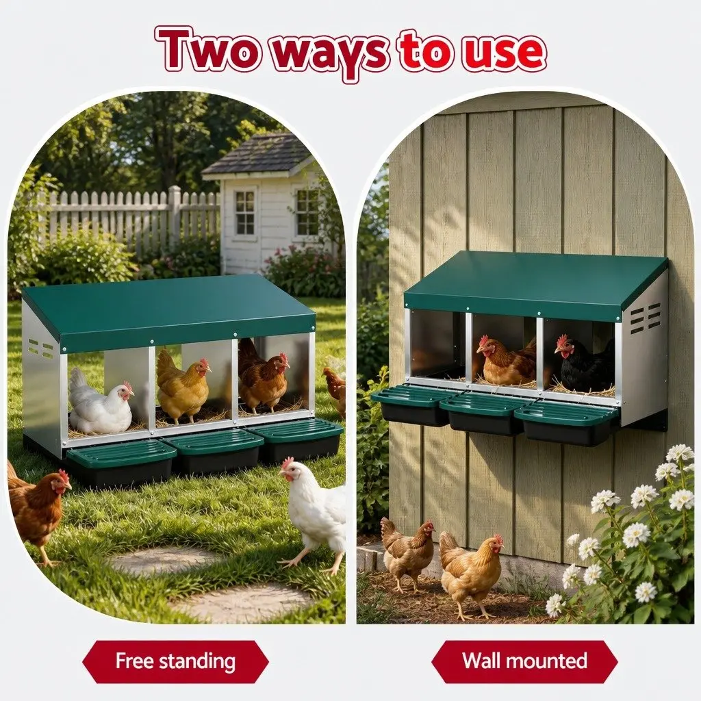 Nesting Box for Chickens Wall Mounted Roll Away 3 Hole Green Galvanized Metal