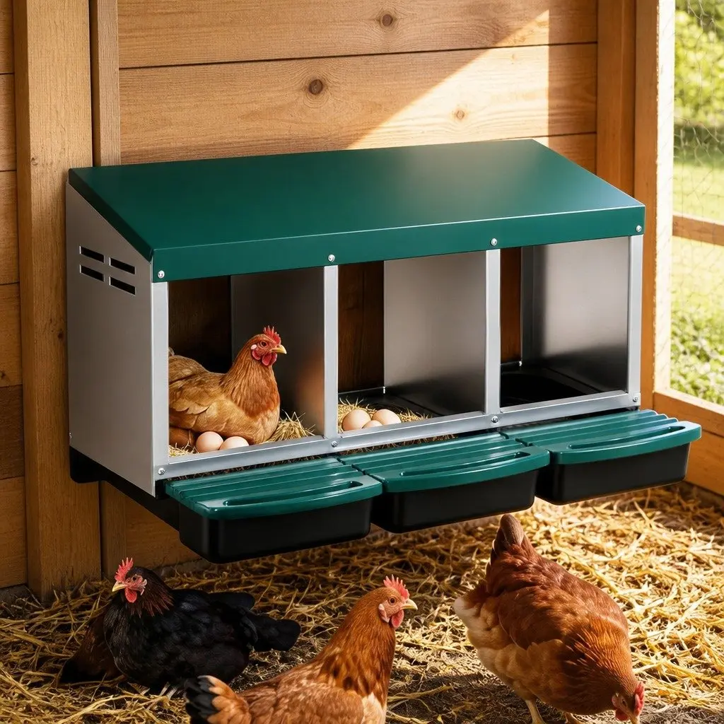 Nesting Box for Chickens Wall Mounted Roll Away 3 Hole Green Galvanized Metal