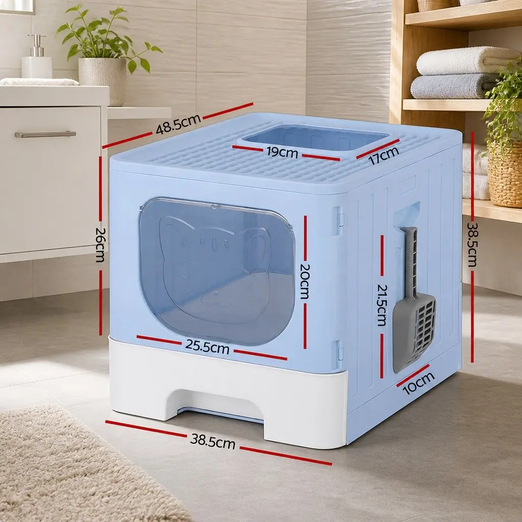 Cat Litter Box Enclosed Hooded Foldable Large Tray Blue