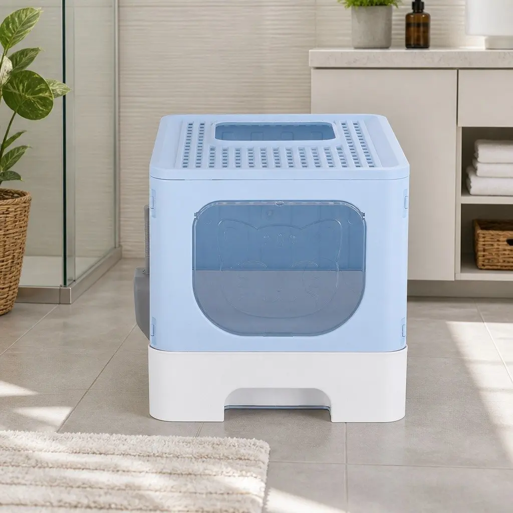 Cat Litter Box Enclosed Hooded Foldable Large Tray Blue