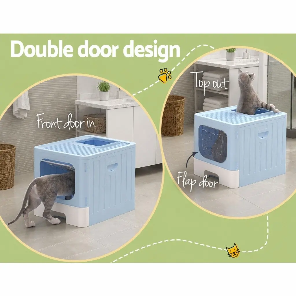 Cat Litter Box Enclosed Hooded Foldable Large Tray Blue
