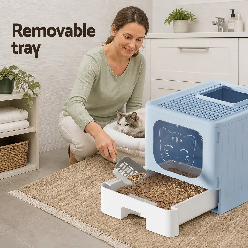 Cat Litter Box Enclosed Hooded Foldable Large Tray Blue