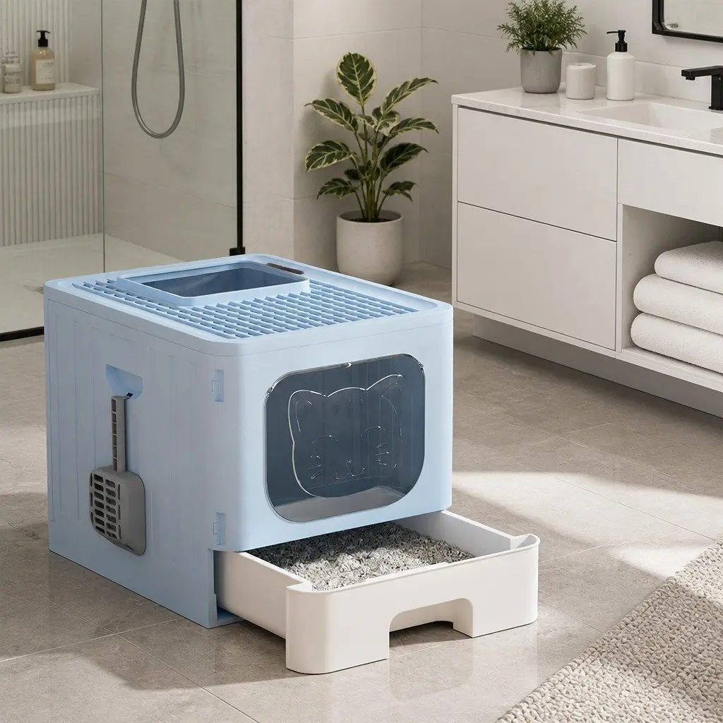Cat Litter Box Enclosed Hooded Foldable Large Tray Blue