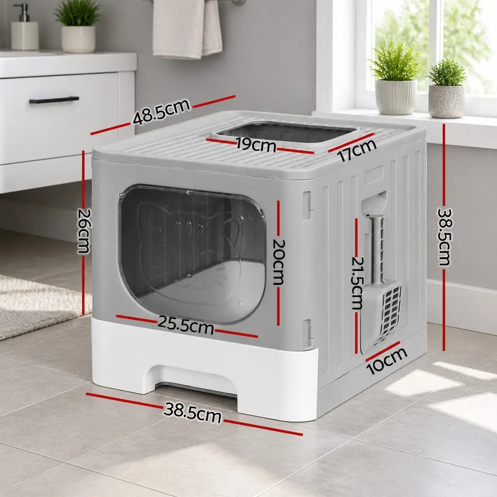 Cat Litter Box Enclosed Hooded Foldable Size 48.5cm x 38.5cm x 38.5cm Grey White