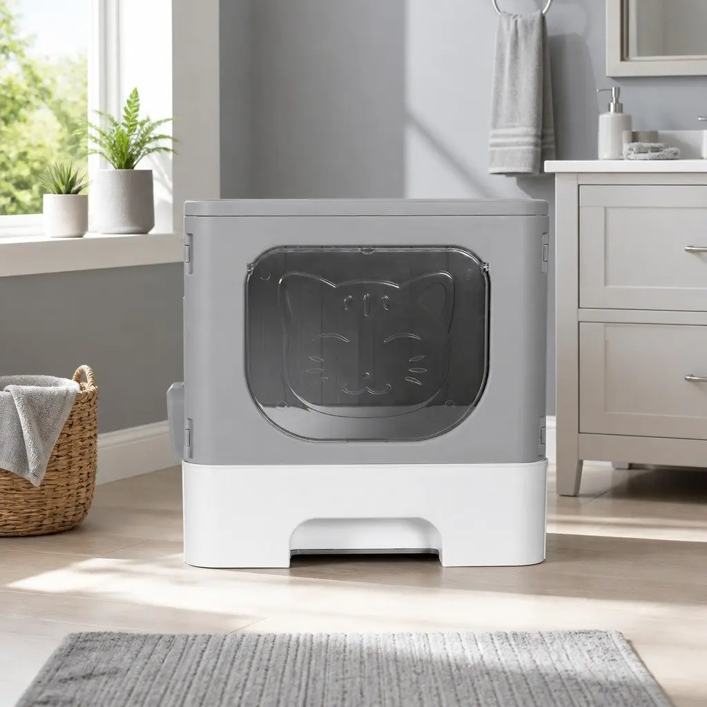 Cat Litter Box Enclosed Hooded Foldable Size 48.5cm x 38.5cm x 38.5cm Grey White