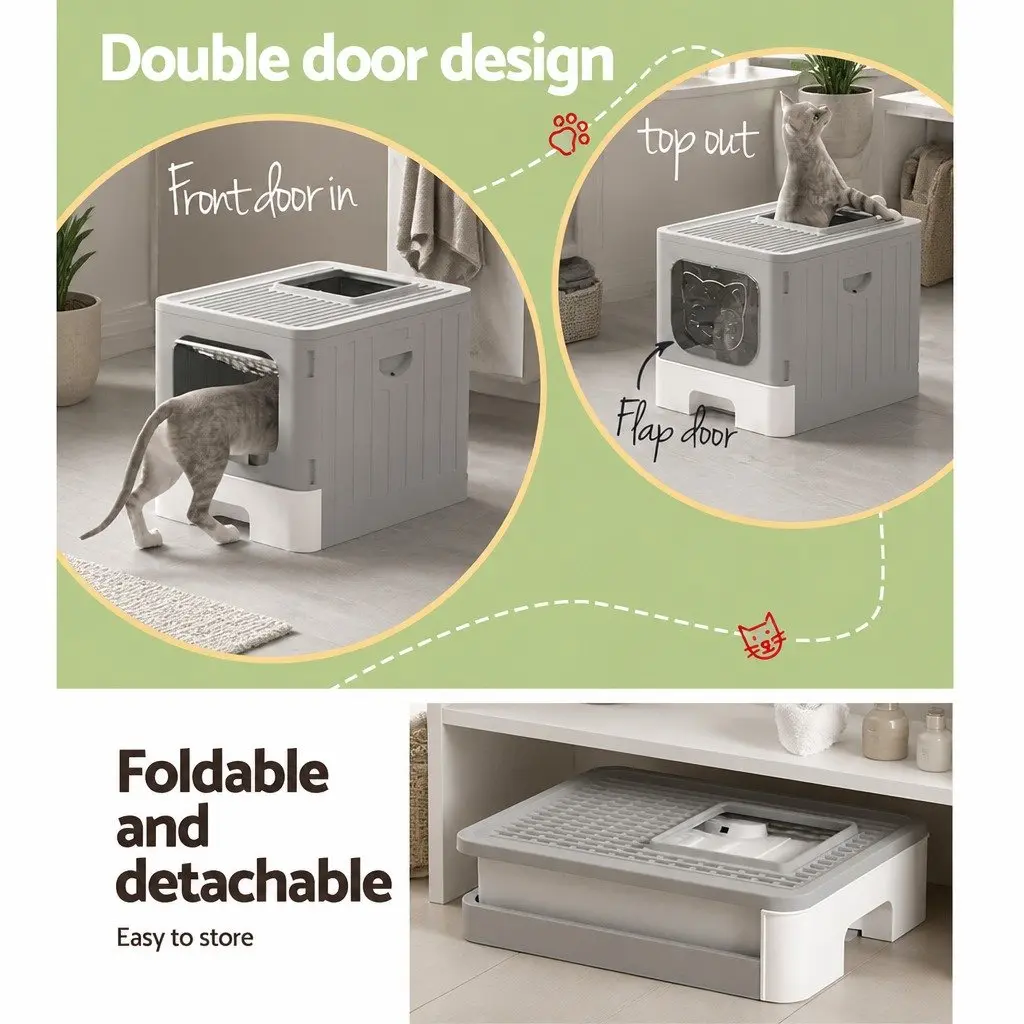 Cat Litter Box Enclosed Hooded Foldable Size 48.5cm x 38.5cm x 38.5cm Grey White