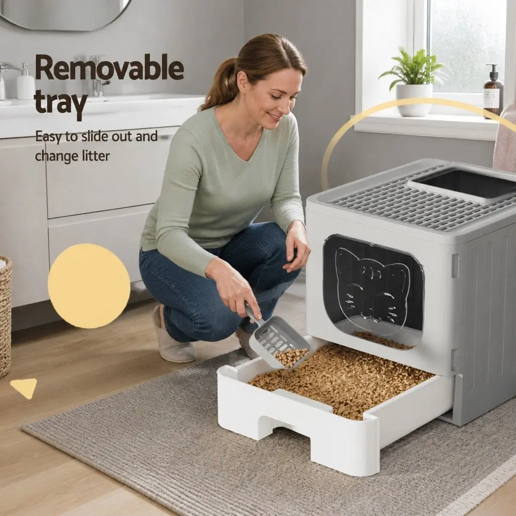 Cat Litter Box Enclosed Hooded Foldable Size 48.5cm x 38.5cm x 38.5cm Grey White
