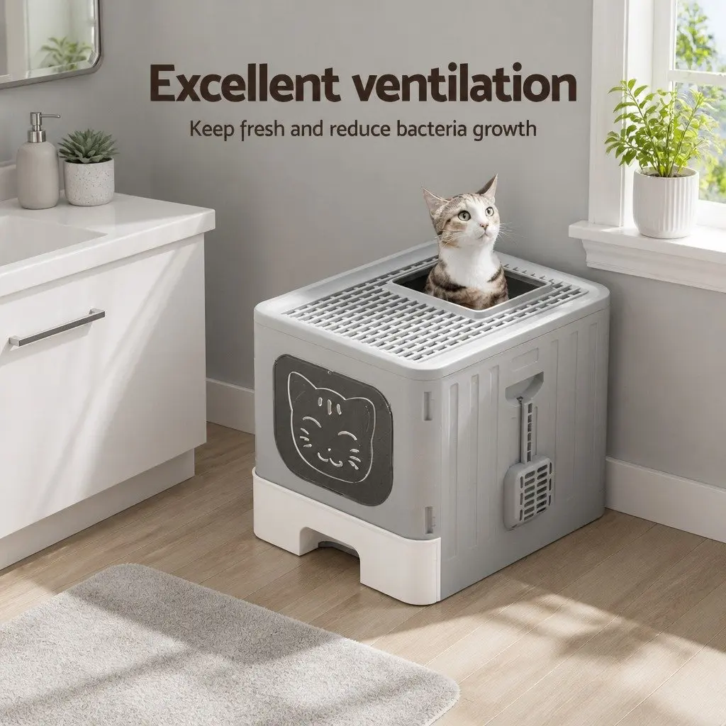 Cat Litter Box Enclosed Hooded Foldable Size 48.5cm x 38.5cm x 38.5cm Grey White