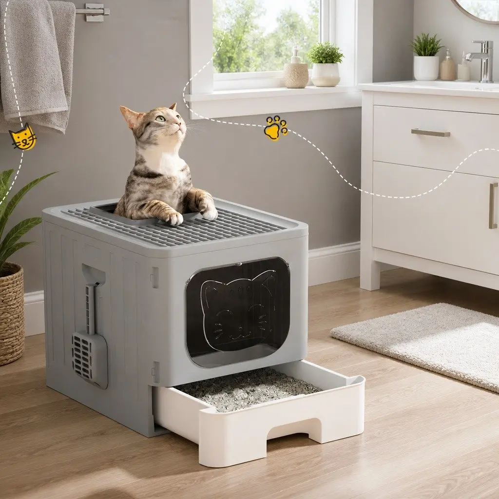 Cat Litter Box Enclosed Hooded Foldable Size 48.5cm x 38.5cm x 38.5cm Grey White
