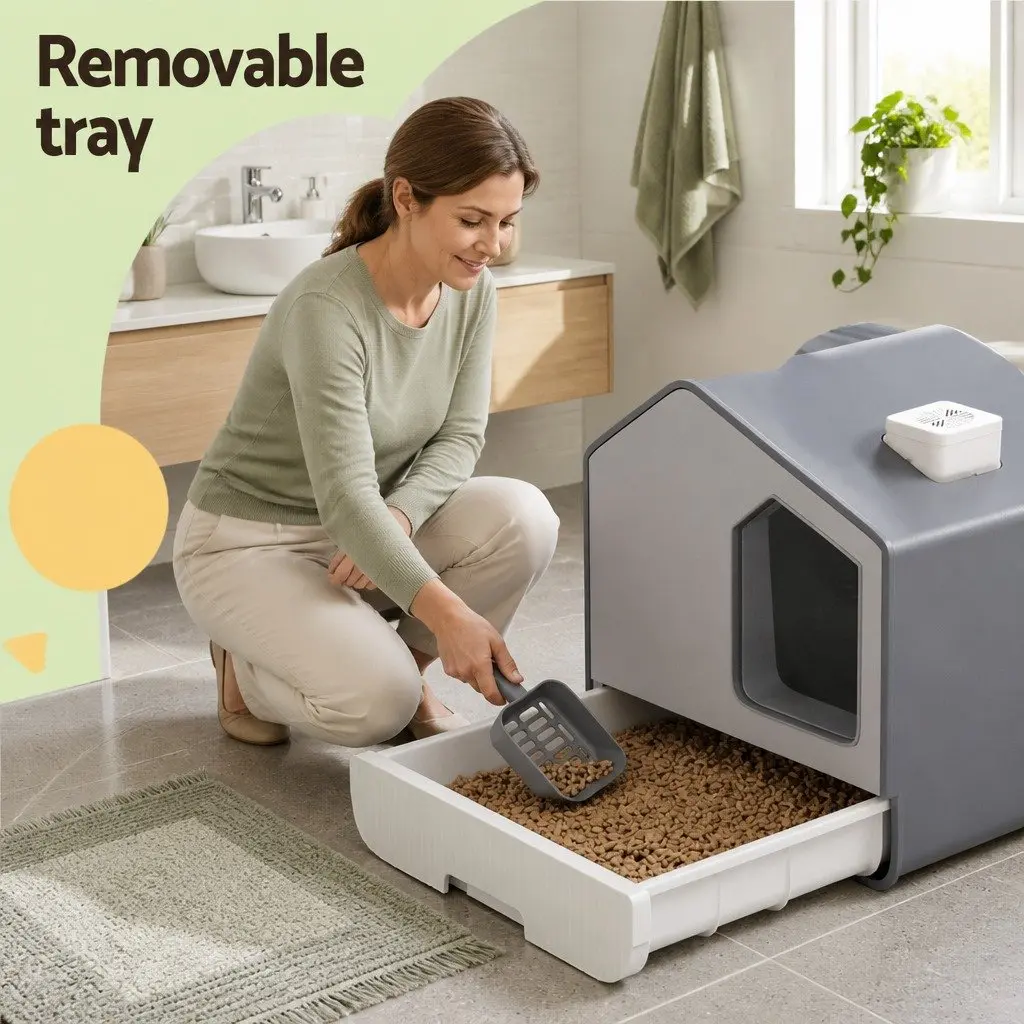 Enclosed Cat Litter Box House-Shaped Kitty Toilet with Flap Door Scoop Mat Grey
