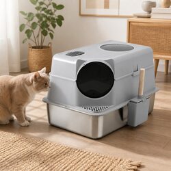 Large Stainless Steel Cat Litter Box High Sided Pet Toilet Mat Scoop Kit