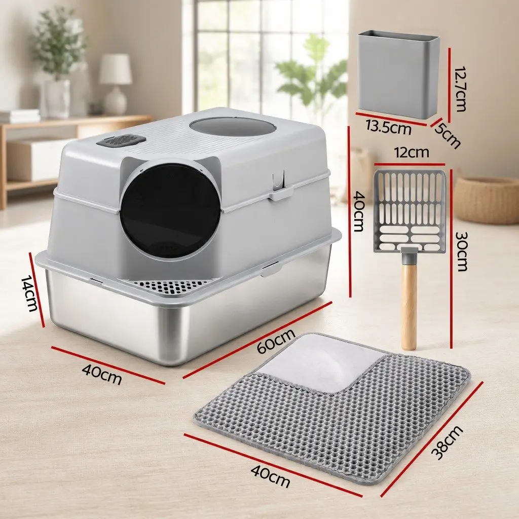 Stainless Steel Cat Litter Box High Sided 60cm x 40cm with 2 Layer Mat and Scoop