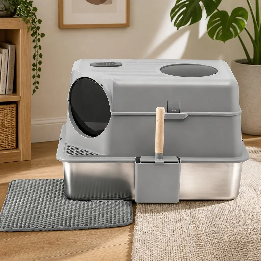 Stainless Steel Cat Litter Box High Sided 60cm x 40cm with 2 Layer Mat and Scoop