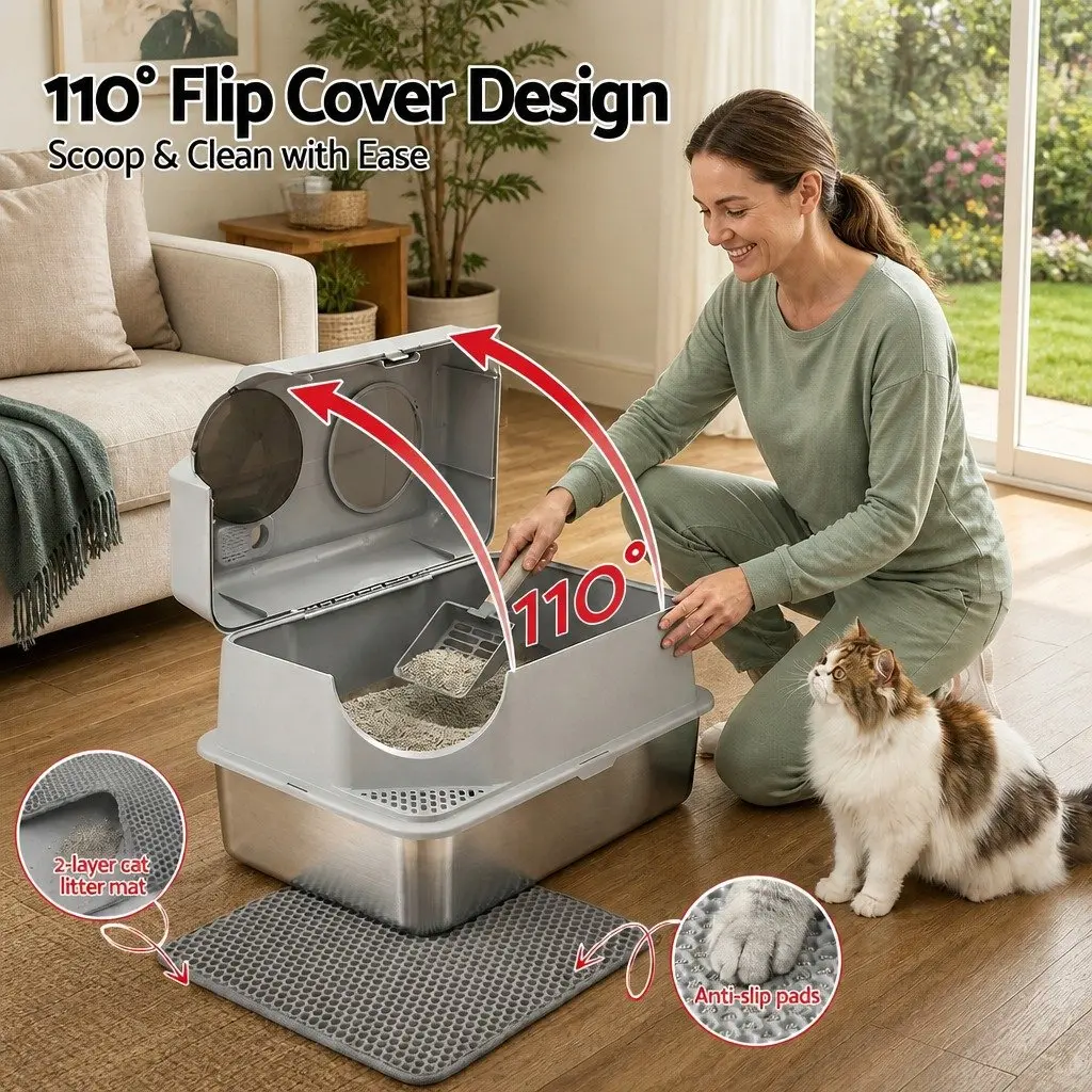 Stainless Steel Cat Litter Box High Sided 60cm x 40cm with 2 Layer Mat and Scoop