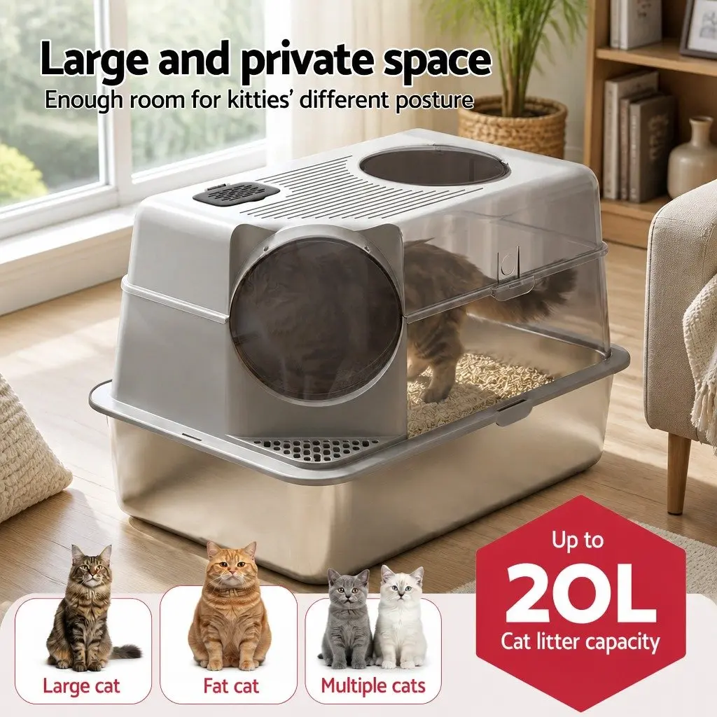 Stainless Steel Cat Litter Box High Sided 60cm x 40cm with 2 Layer Mat and Scoop