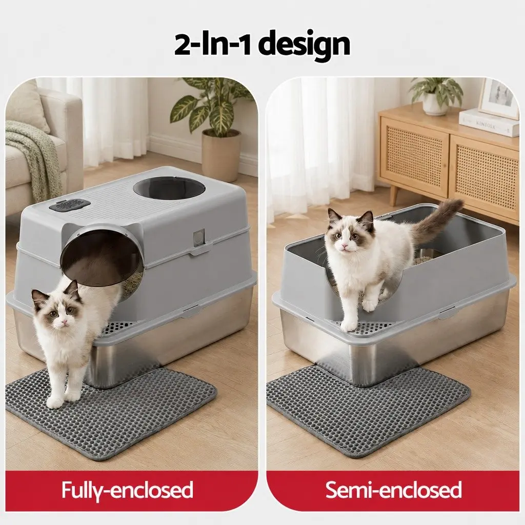 Stainless Steel Cat Litter Box High Sided 60cm x 40cm with 2 Layer Mat and Scoop