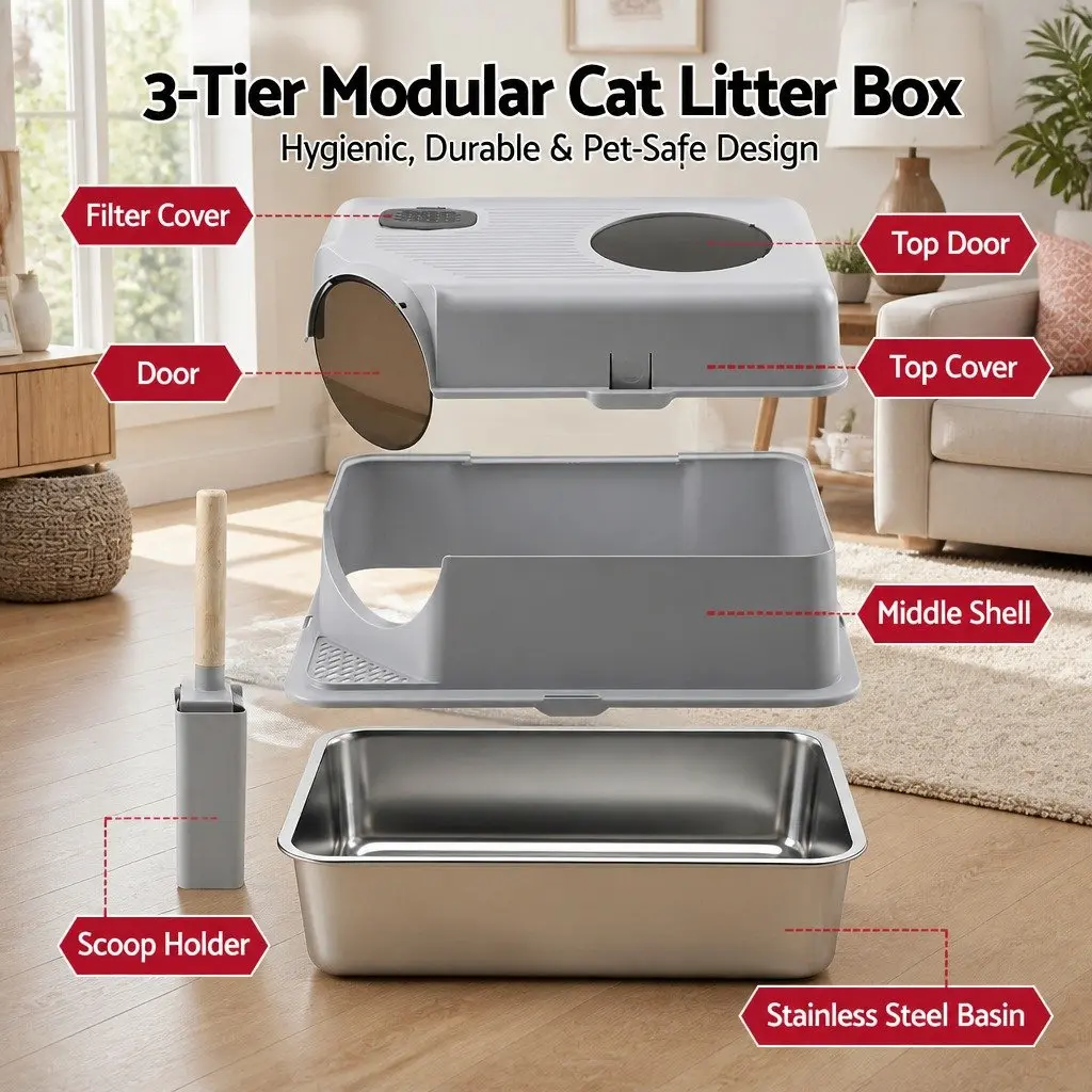 Stainless Steel Cat Litter Box High Sided 60cm x 40cm with 2 Layer Mat and Scoop