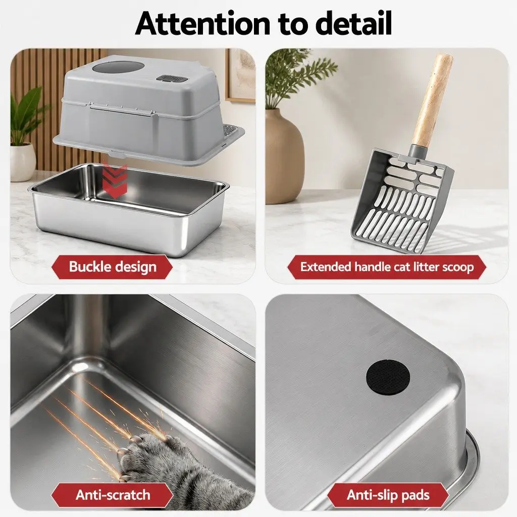 Stainless Steel Cat Litter Box High Sided 60cm x 40cm with 2 Layer Mat and Scoop