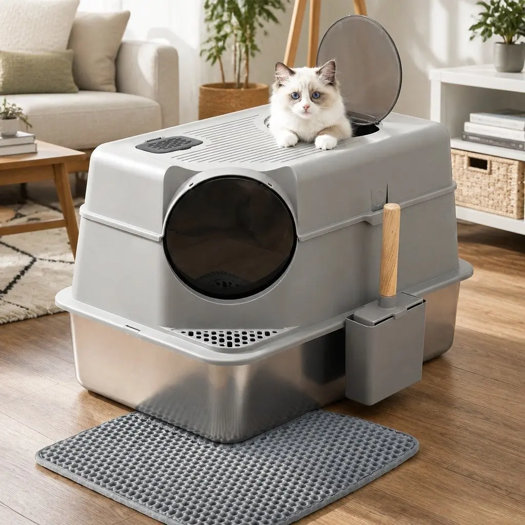 Stainless Steel Cat Litter Box High Sided 60cm x 40cm with 2 Layer Mat and Scoop