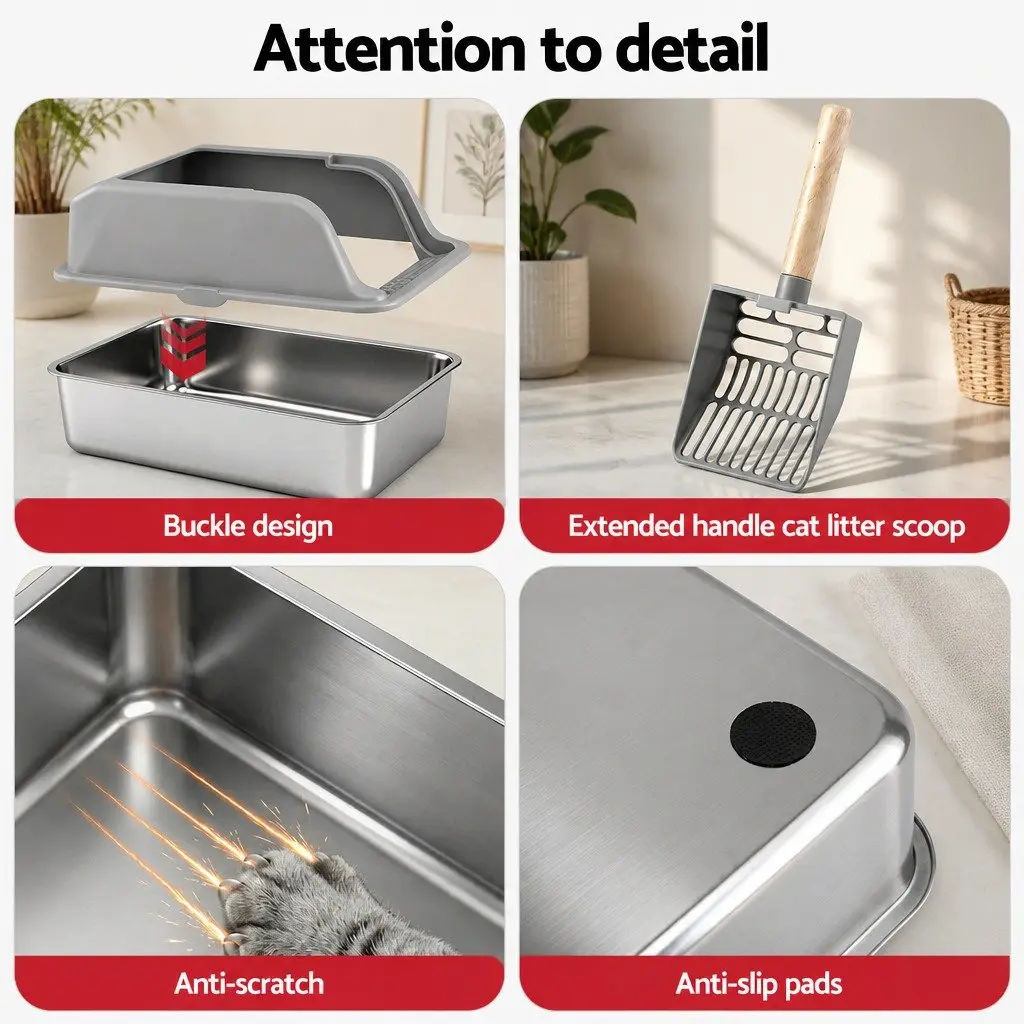 Cat Litter Box Stainless Steel Large Semi-Enclosed High Sided