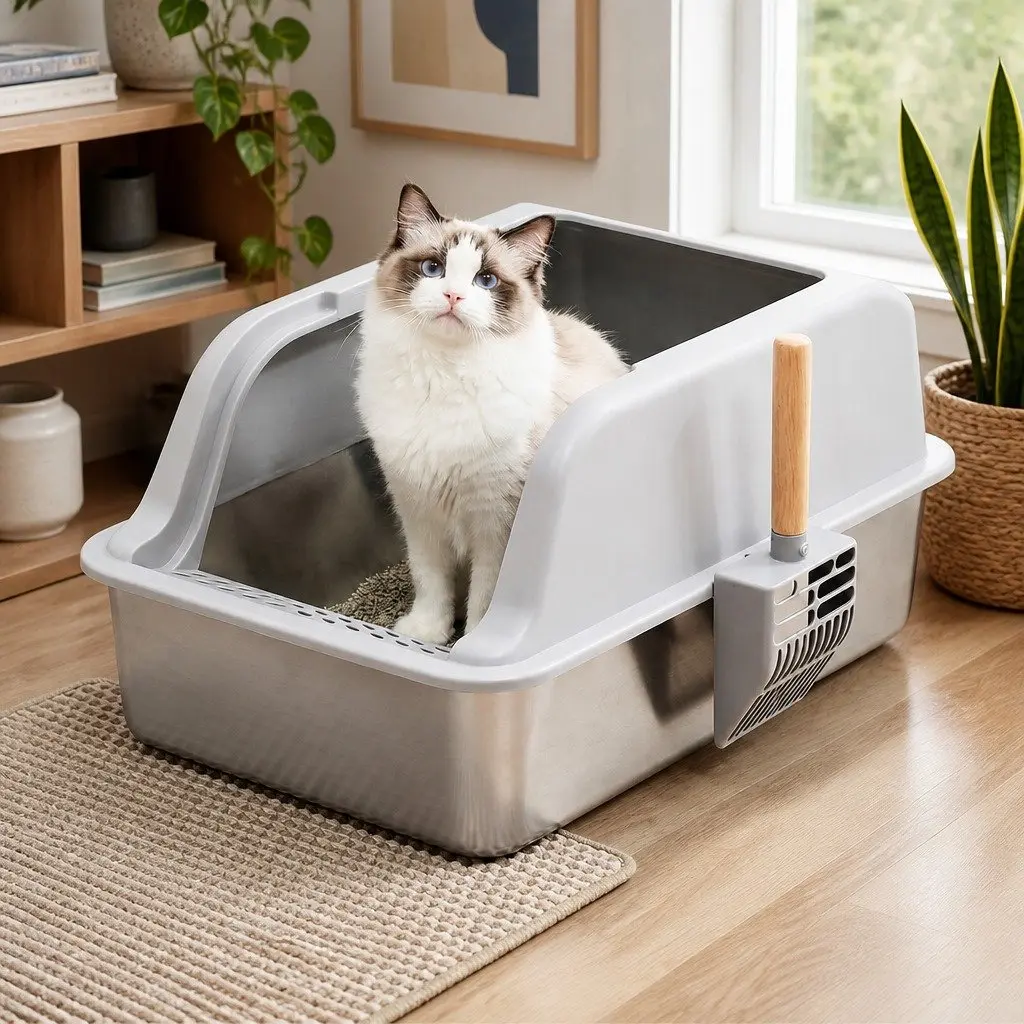 Cat Litter Box Stainless Steel Large Semi-Enclosed High Sided