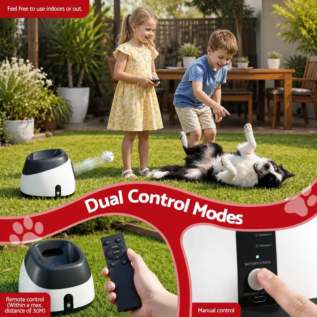 Dog Ball Launcher Automatic Interactive Toy 6 ETPU Balls Adjustable Distance 14m 18m 22m