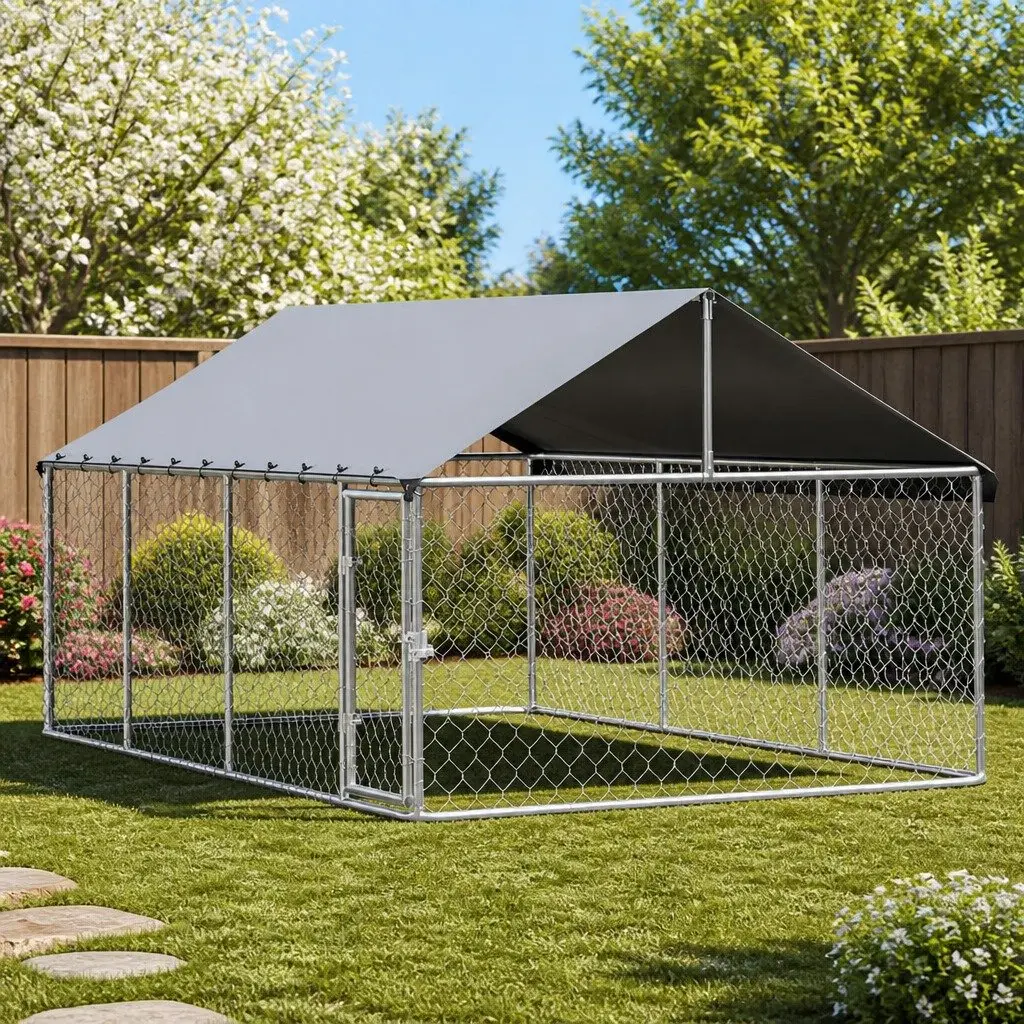 Dog Kennel Large Outdoor Pet Run Cage Enclosure Silver 2M x 4M Heavy Duty