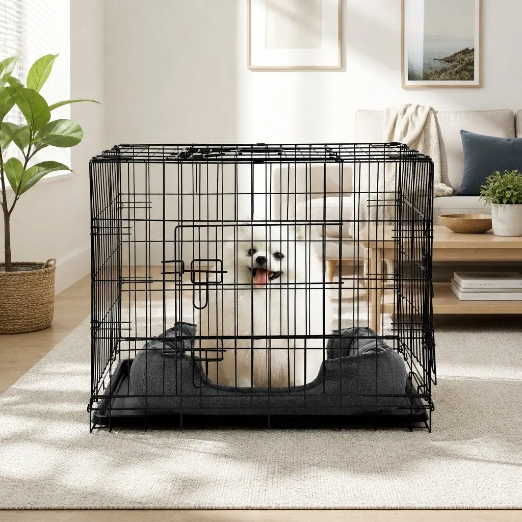 Dog Cage Foldable 36 Inch Medium Pet with 3 Doors Black