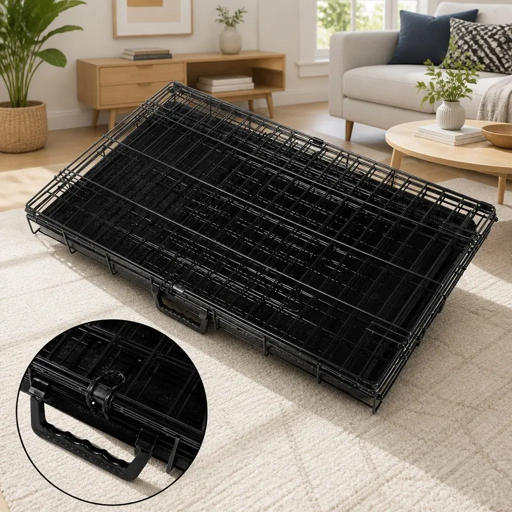 Dog Cage Foldable 36 Inch Medium Pet with 3 Doors Black