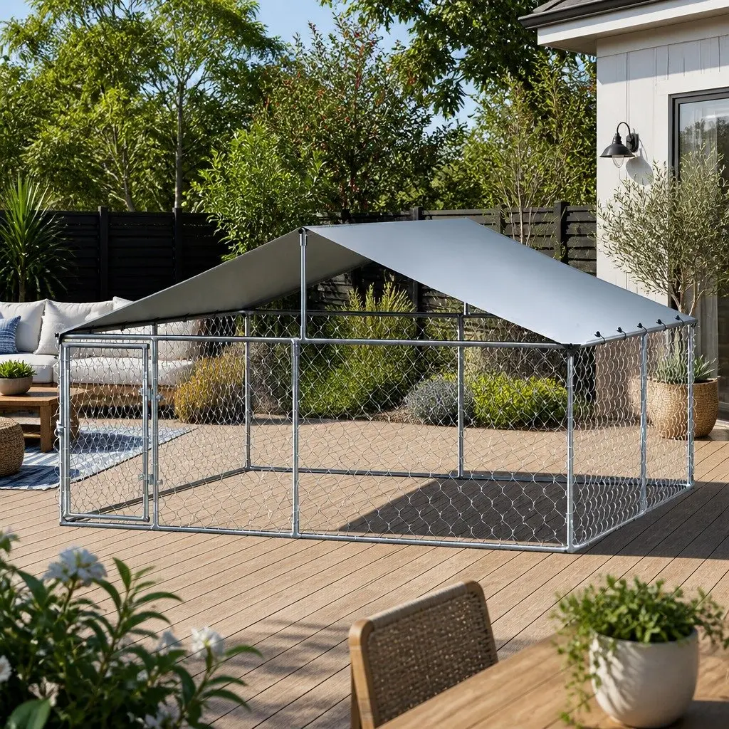 Dog Kennel Large Weather Resistant Outdoor Enclosure with Roof Silver