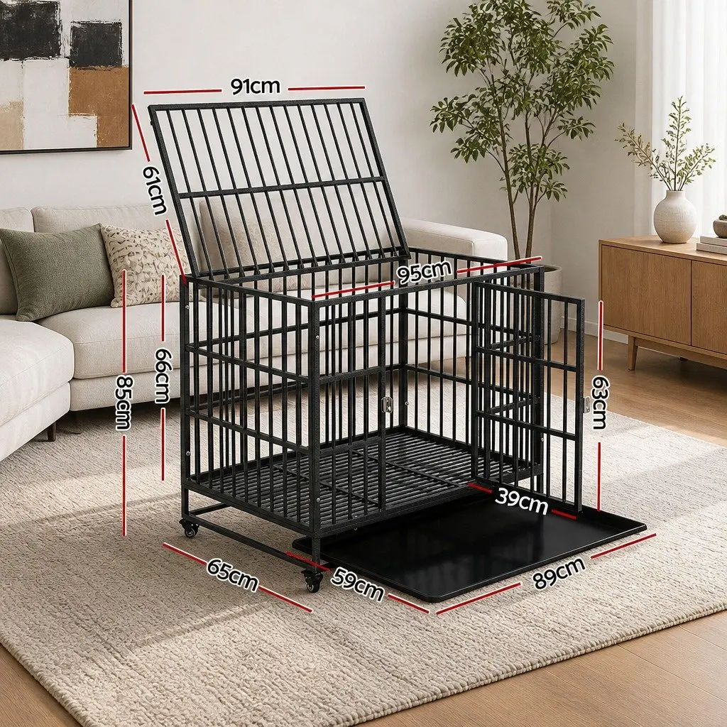 Dog Cage Large Lockable Wheels Removable Tray Metal Black