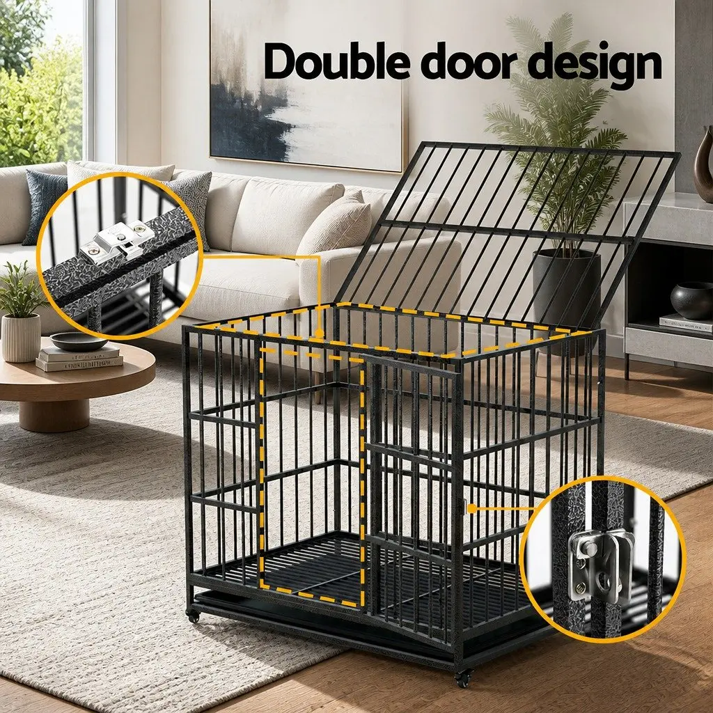 Dog Cage Large Lockable Wheels Removable Tray Metal Black
