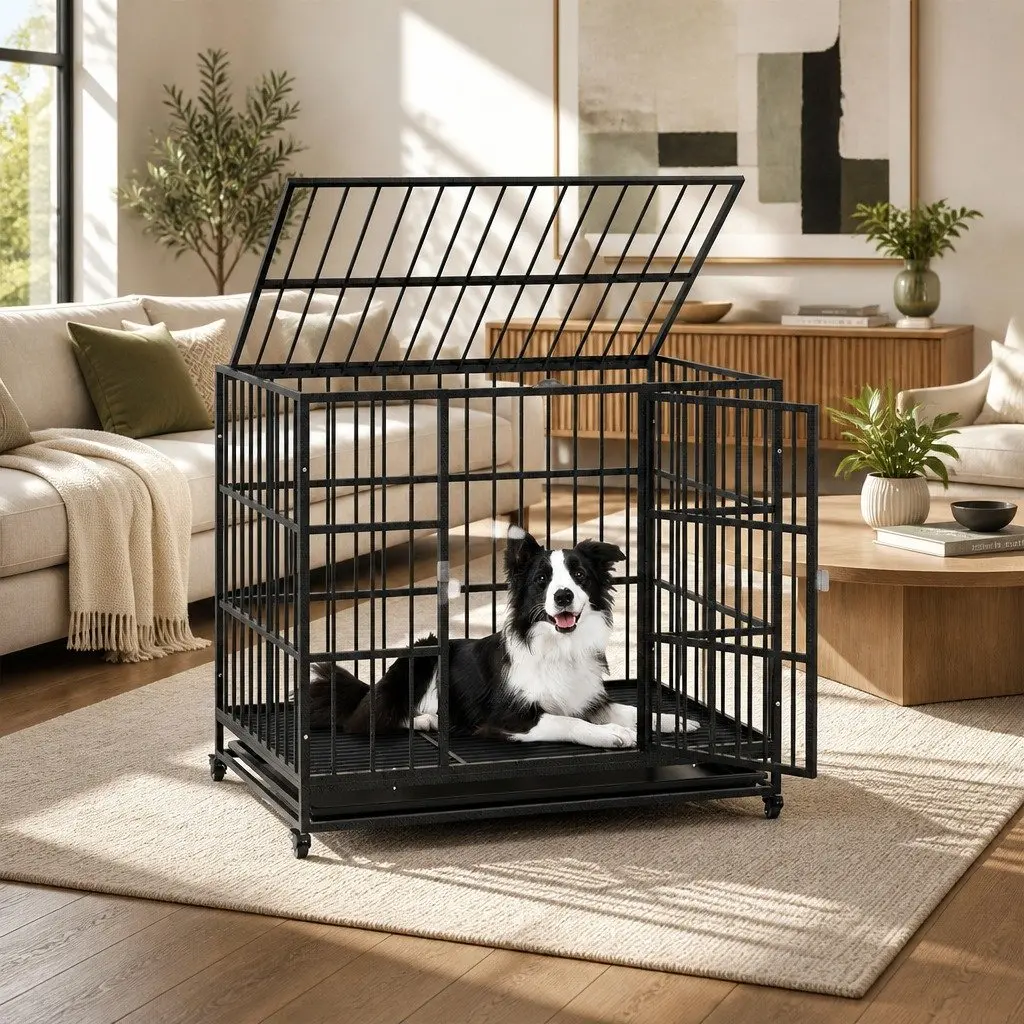 Dog Cage Large Lockable Wheels Removable Tray Metal Black