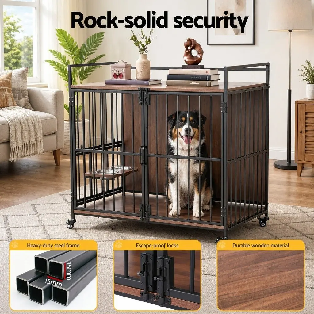 Dog Crate Furniture 99cm 2-in-1 Pet Cage End Table with Wheels Wooden Black