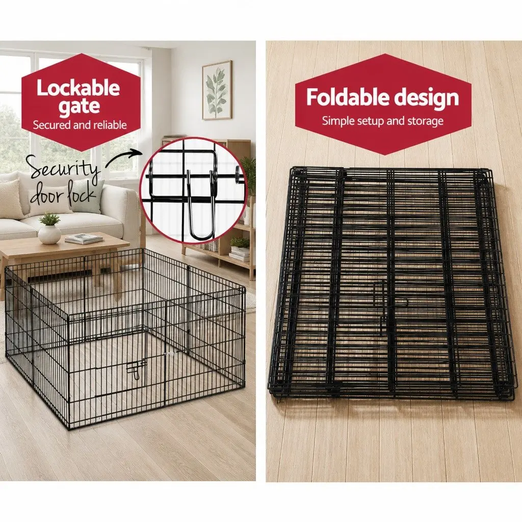 8 Panel Dog Playpen Pet Fence Exercise Cage Enclosure Pen 24" Black Foldable