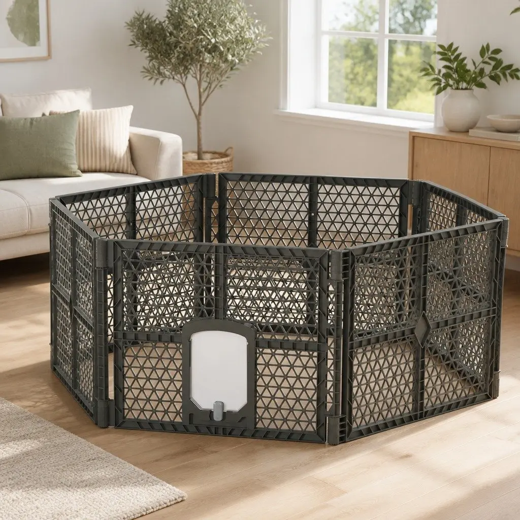 Dog Playpen Enclosure 6 Panel Pet Fence Plastic Play Pen Brown Foldable