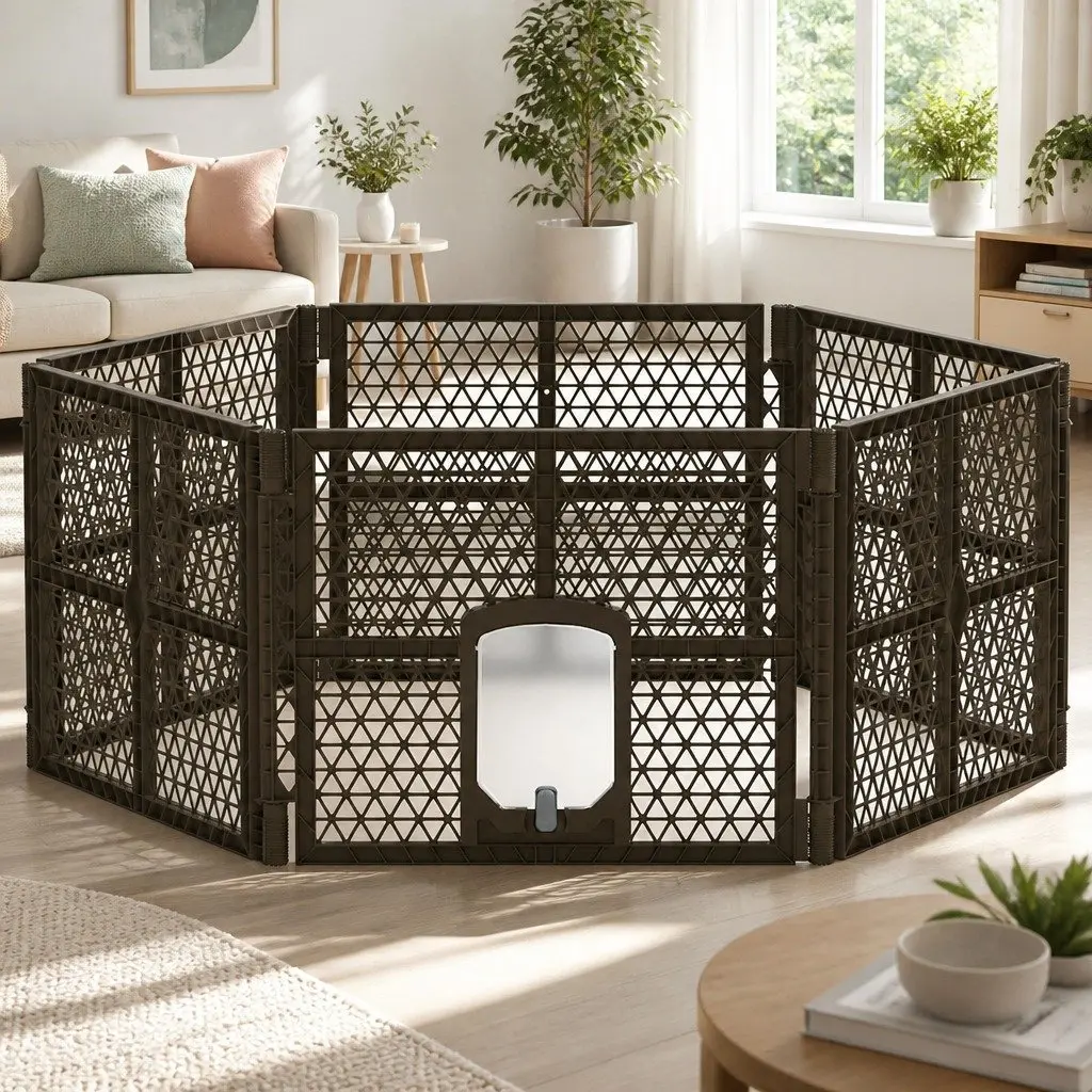 Dog Playpen Enclosure 6 Panel Pet Fence Plastic Play Pen Brown Foldable